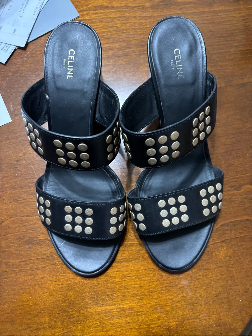 Celine Black Leather Double-Strap Stud Slide Sandals with Gold-Tone Accents